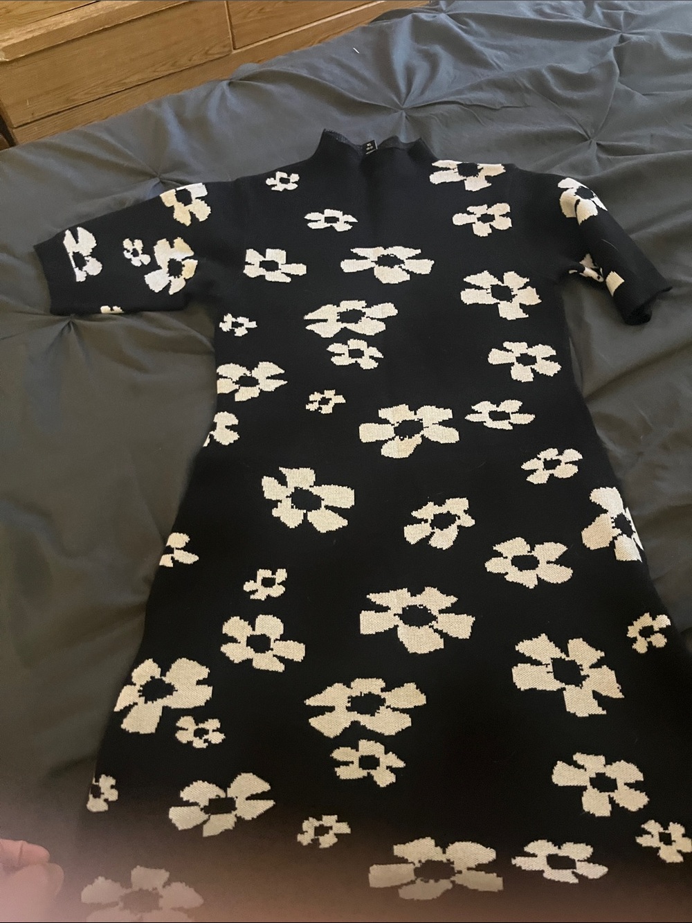 Black Floral Knit Midi Dress with Mock Neck